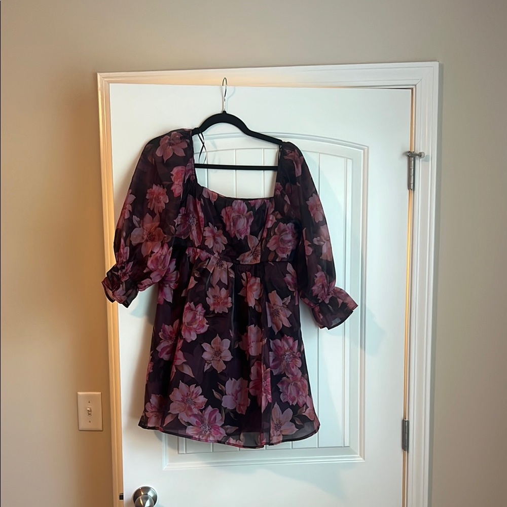 Black and Pink Mini Dress with Ruffled Smocked Neckline